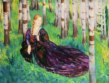 Mujer Painting - en el bosque de abedules Boris Mikhailovich Kustodiev hermosa mujer dama